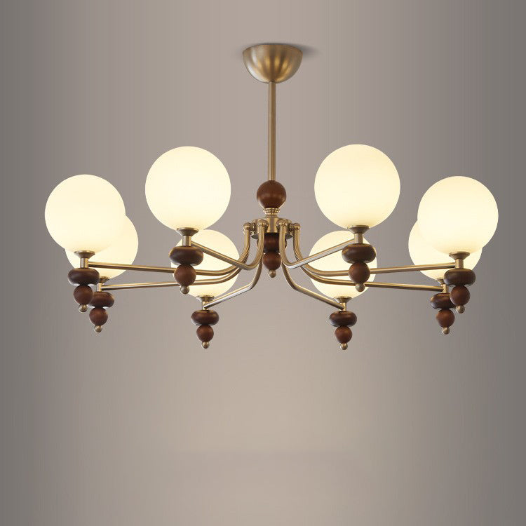 Traditional Vintage Branch Straight Pole Round Globe Iron Wood Frame Glass Shade 3/5/8 Light Chandelier For Living Room