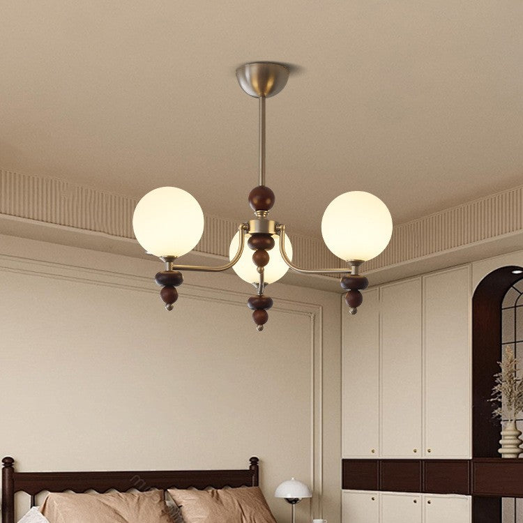 Traditional Vintage Branch Straight Pole Round Globe Iron Wood Frame Glass Shade 3/5/8 Light Chandelier For Living Room