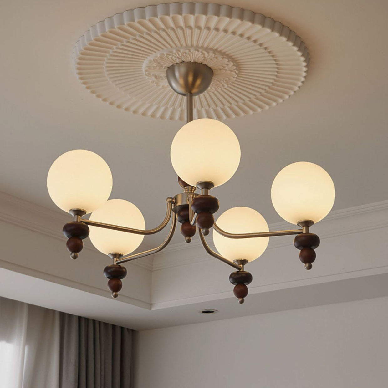 Traditional Vintage Branch Straight Pole Round Globe Iron Wood Frame Glass Shade 3/5/8 Light Chandelier For Living Room
