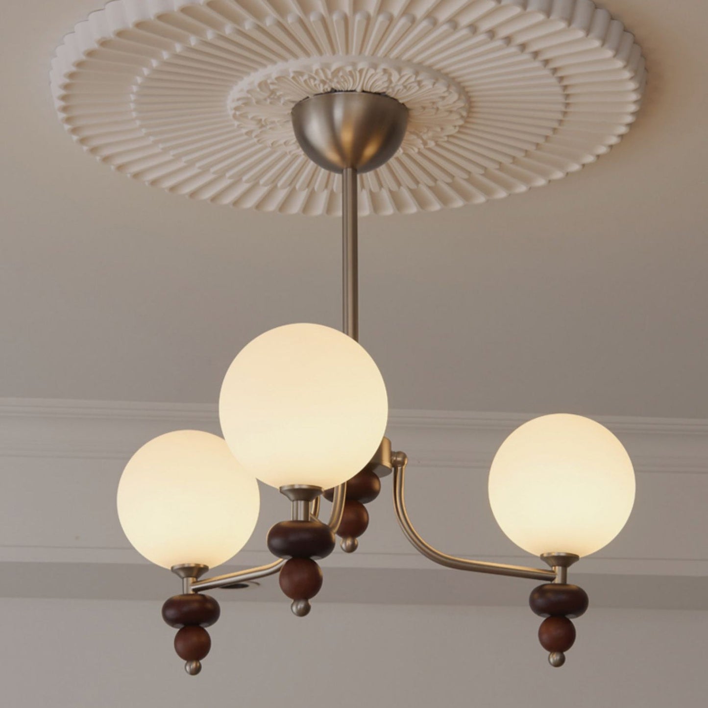 Traditional Vintage Branch Straight Pole Round Globe Iron Wood Frame Glass Shade 3/5/8 Light Chandelier For Living Room