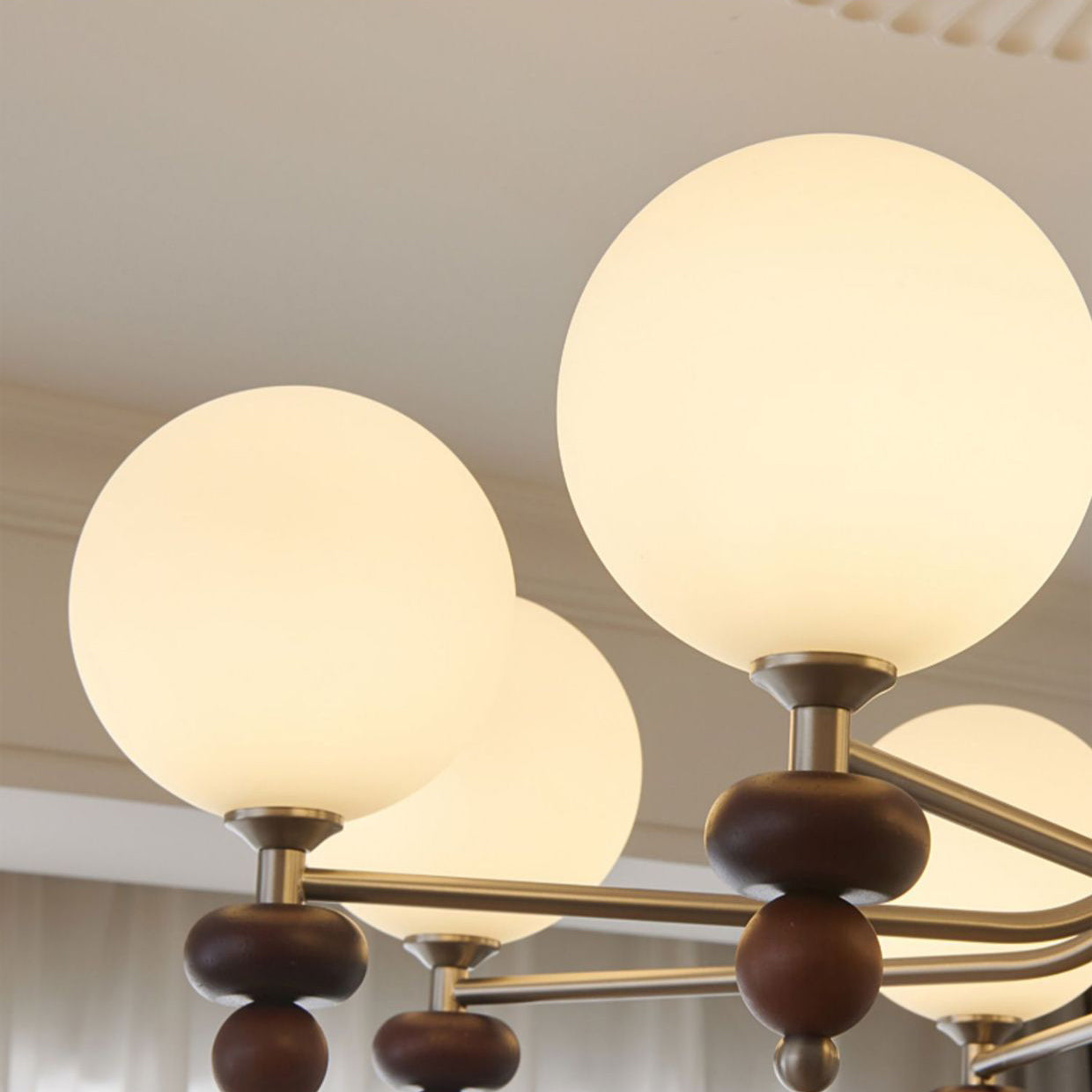 Traditional Vintage Branch Straight Pole Round Globe Iron Wood Frame Glass Shade 3/5/8 Light Chandelier For Living Room