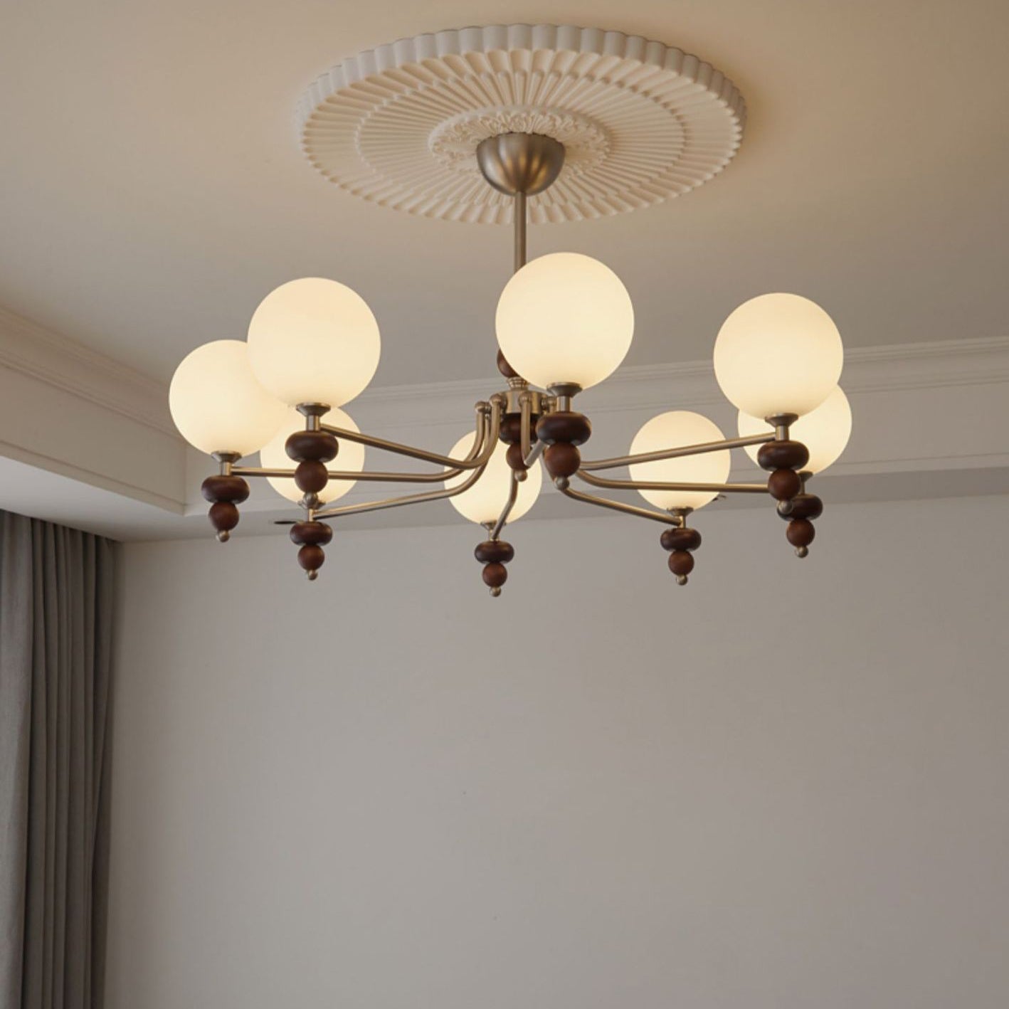Traditional Vintage Branch Straight Pole Round Globe Iron Wood Frame Glass Shade 3/5/8 Light Chandelier For Living Room