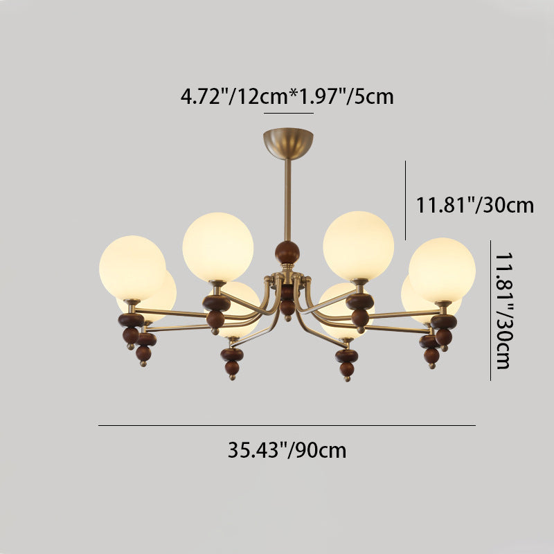 Traditional Vintage Branch Straight Pole Round Globe Iron Wood Frame Glass Shade 3/5/8 Light Chandelier For Living Room