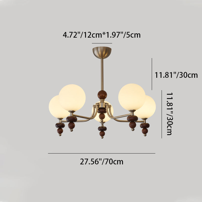 Traditional Vintage Branch Straight Pole Round Globe Iron Wood Frame Glass Shade 3/5/8 Light Chandelier For Living Room