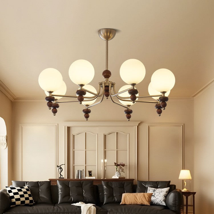 Traditional Vintage Branch Straight Pole Round Globe Iron Wood Frame Glass Shade 3/5/8 Light Chandelier For Living Room