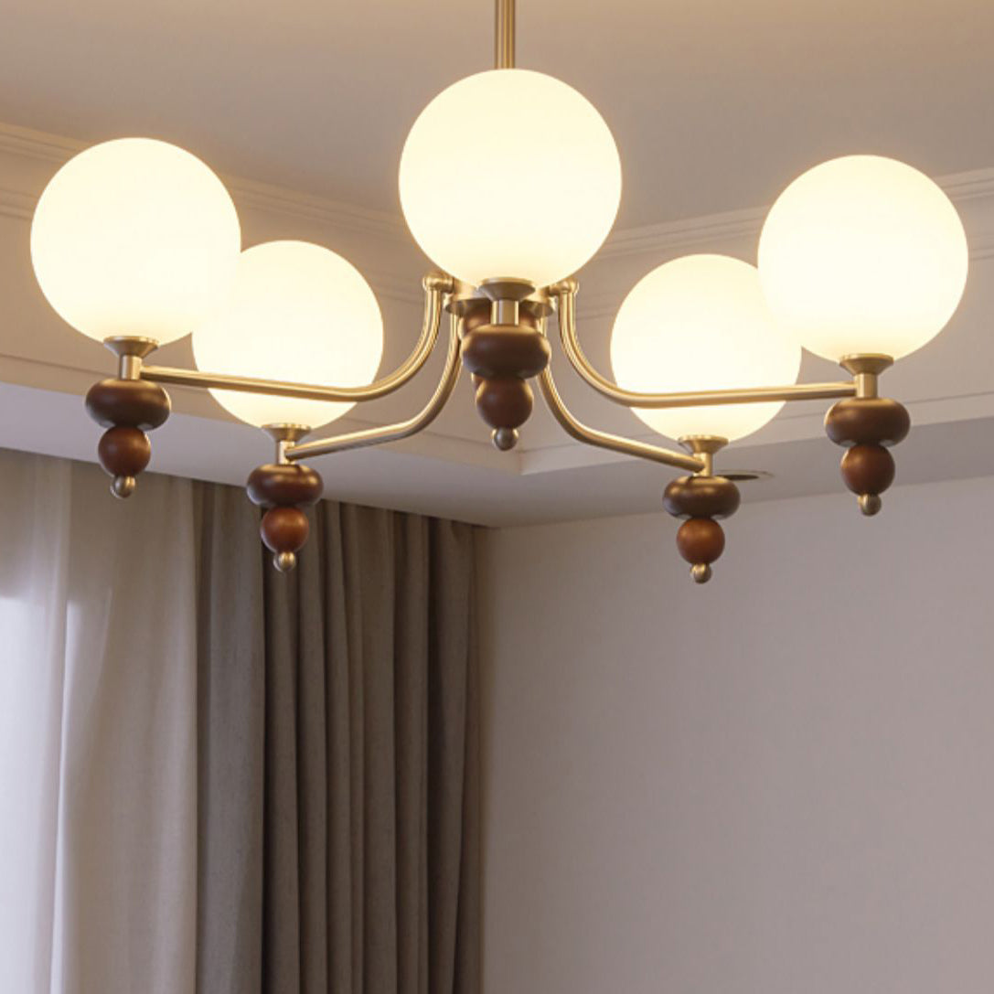 Traditional Vintage Branch Straight Pole Round Globe Iron Wood Frame Glass Shade 3/5/8 Light Chandelier For Living Room