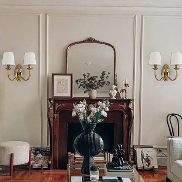 Traditional Vintage Curved Pole Round Trapezoidal Stripe Fabric Shade Brass 1/2 Light Wall Sconce Lamp For Living Room
