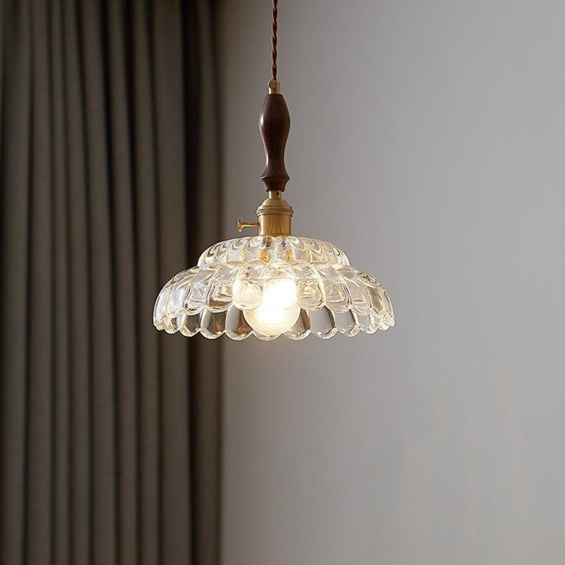 Traditional Vintage Round Floral Glass Shade Wood Brass 1-Light Pendant Light For Living Room