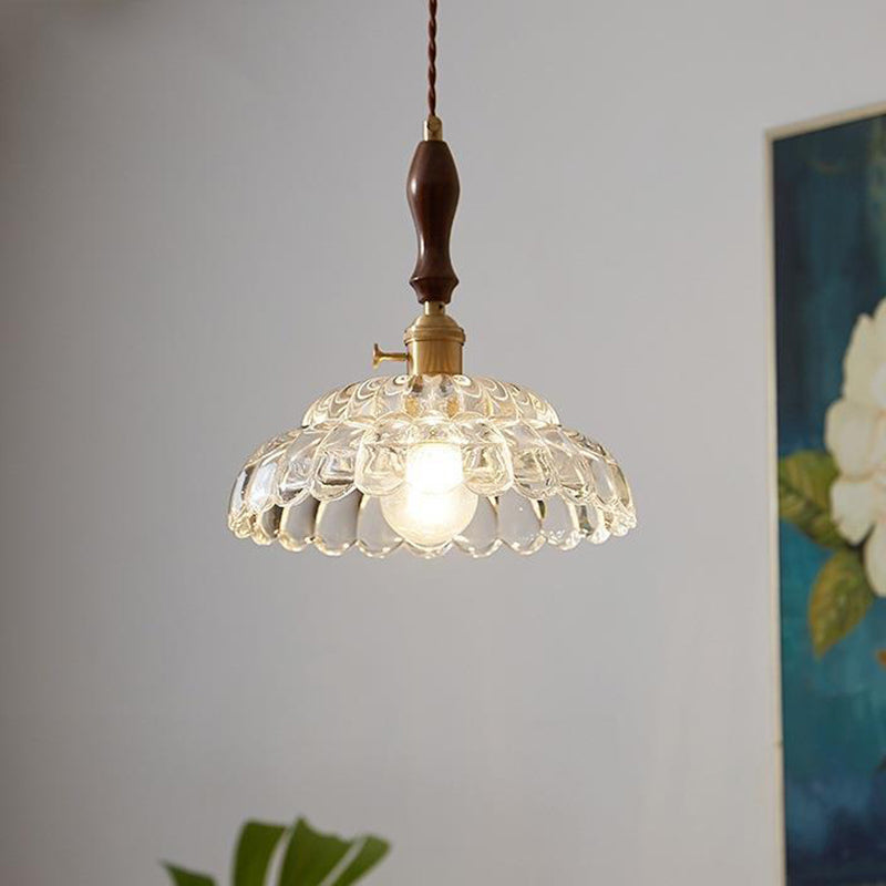 Traditional Vintage Round Floral Glass Shade Wood Brass 1-Light Pendant Light For Living Room