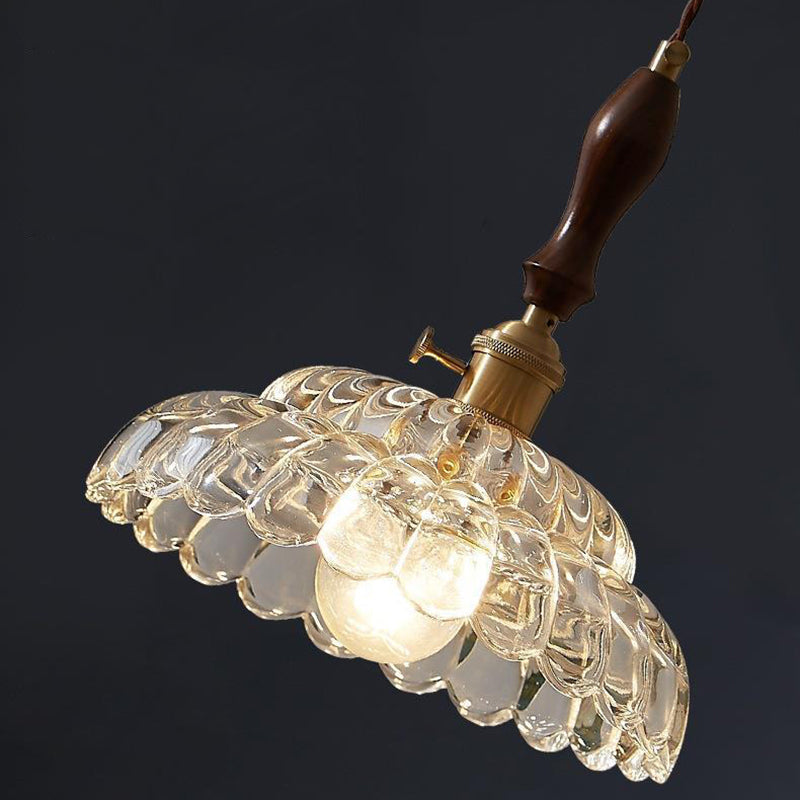 Traditional Vintage Round Floral Glass Shade Wood Brass 1-Light Pendant Light For Living Room