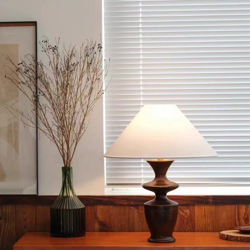 Traditional Vintage Defender Base Trapezoidal Fabric Shade Wood 1-Light Table Lamp For Bedroom