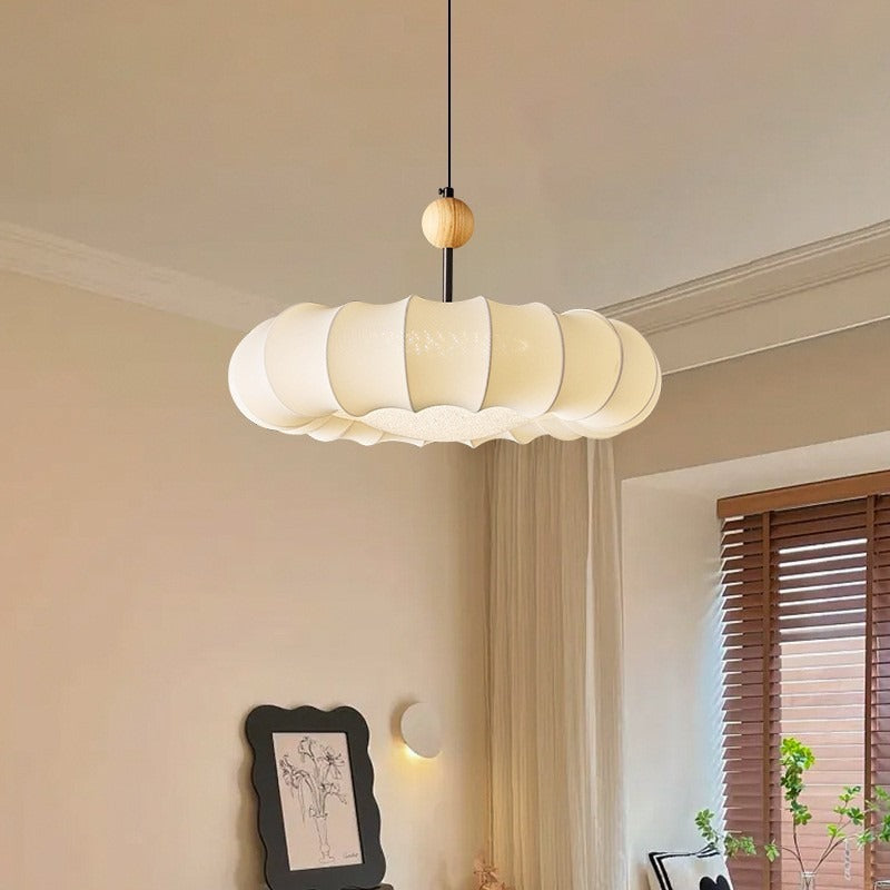 Traditional Vintage Circular Silk Shade Iron Solid Wooden Base 3-Light Pendant Light For Bedroom
