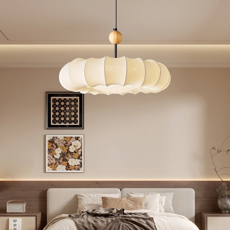 Traditional Vintage Circular Silk Shade Iron Solid Wooden Base 3-Light Pendant Light For Bedroom