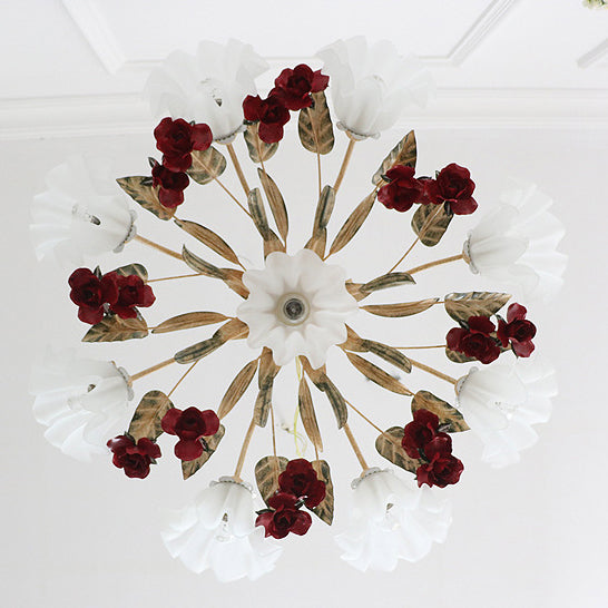 ثريا فرنسية تقليدية مزخرفة بأوراق الشجر الزهرية وإطار من الحديد وغطاء زجاجي مكون من 4/6/9 مصابيح لغرفة المعيشة