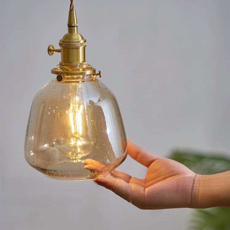 Traditional Vintage Round Cup Shape Bubble Glass Shade Brass 1-Light Pendant Light For Living Room