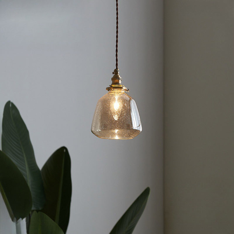 Traditional Vintage Round Cup Shape Bubble Glass Shade Brass 1-Light Pendant Light For Living Room