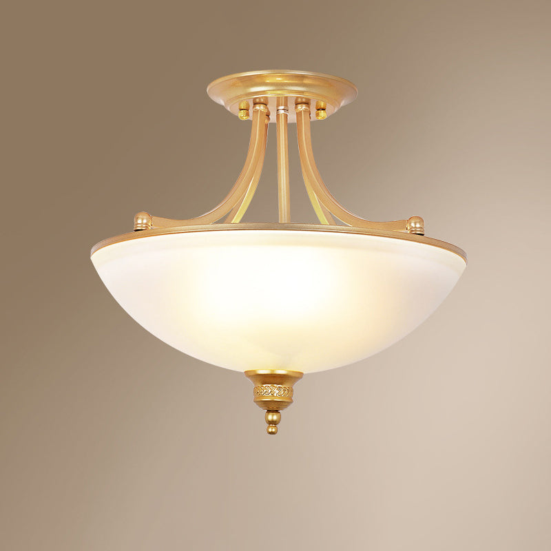 Traditional Rustic Half Dome Iron Curved Rod Frame Glass Shade 3-Light Semi-Flush Mount Ceiling Light For Living Room