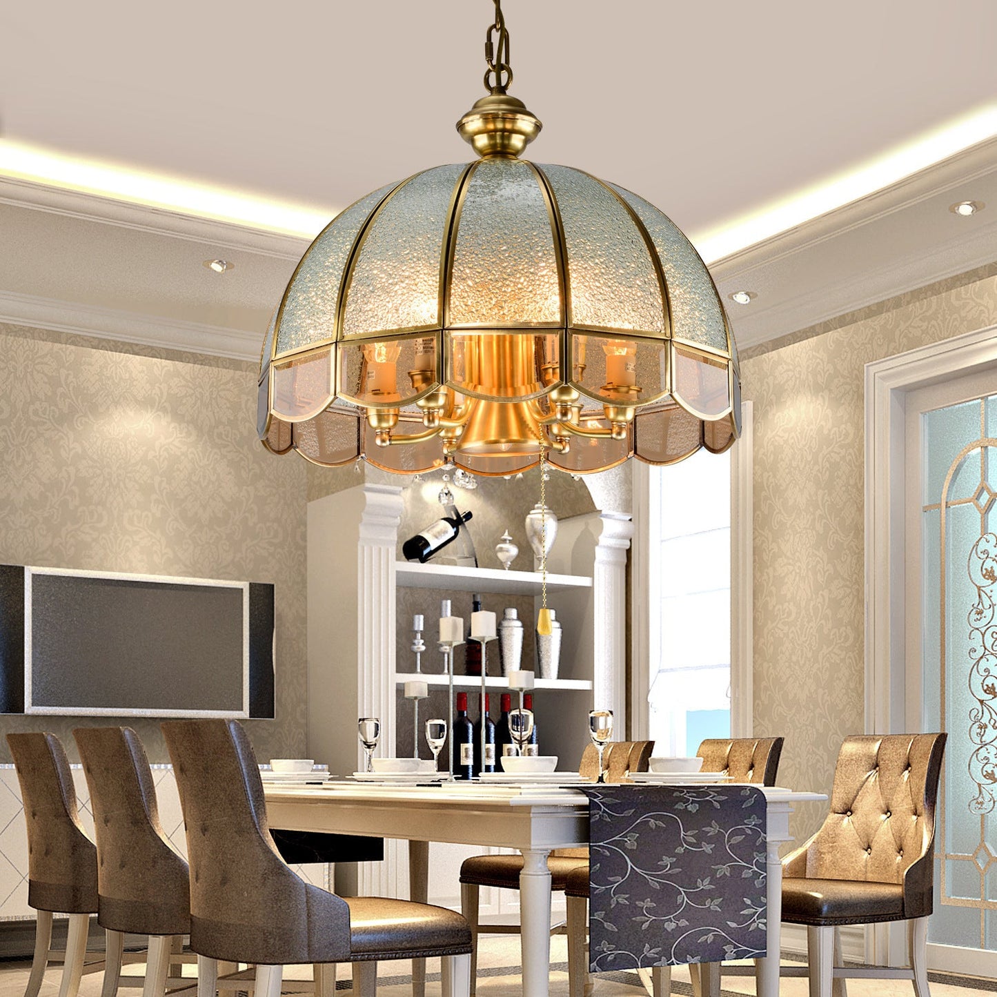 Traditional European Half Round Dome Wavy Edge Full Copper Glass Shade 6-Light Chandelier For Living Room