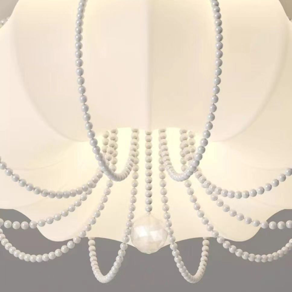 Modern Minimalist Round Cloud Shape Faux Pearl Chain Iron PE Shade LED Flush Mount Ceiling Light For Bedroom