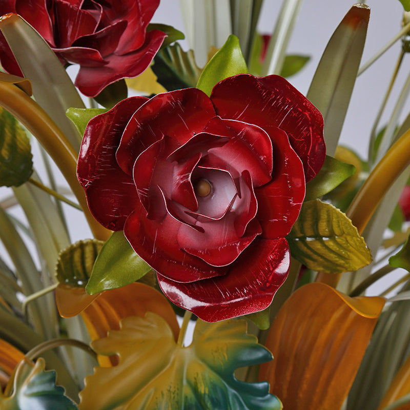 Traditional French Branch Simulation Flower Bouquet Rose Iron Frame Glass Shade 3/5/8 Light Chandelier For Living Room