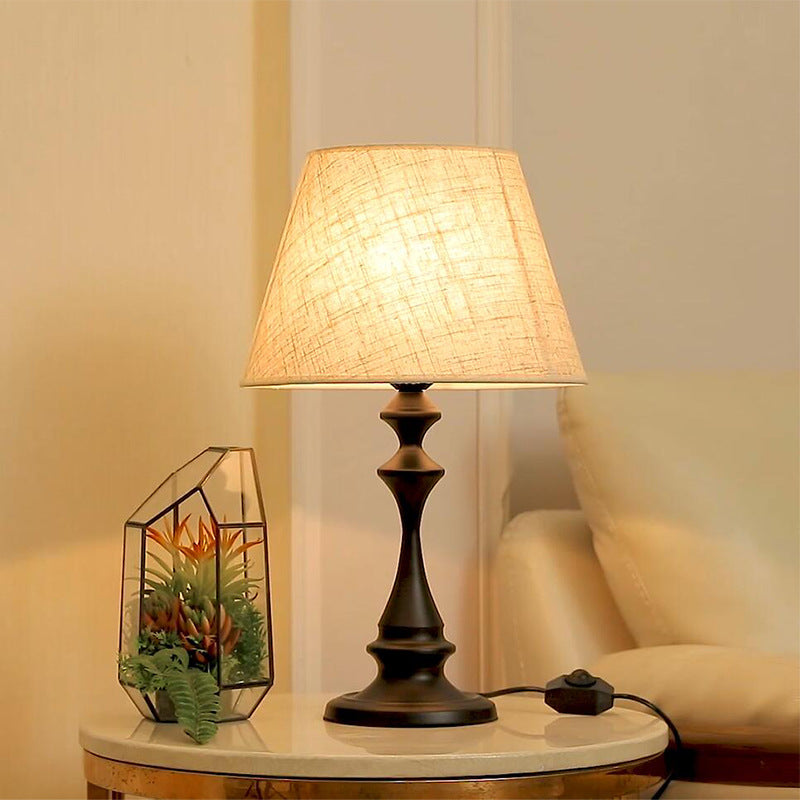 Modern Minimalist Round Cone Iron Base Fabric Shade 1-Light Table Lamp For Bedroom