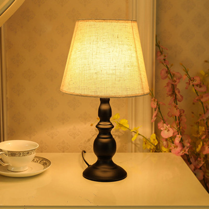 Modern Minimalist Round Cone Iron Base Fabric Shade 1-Light Table Lamp For Bedroom