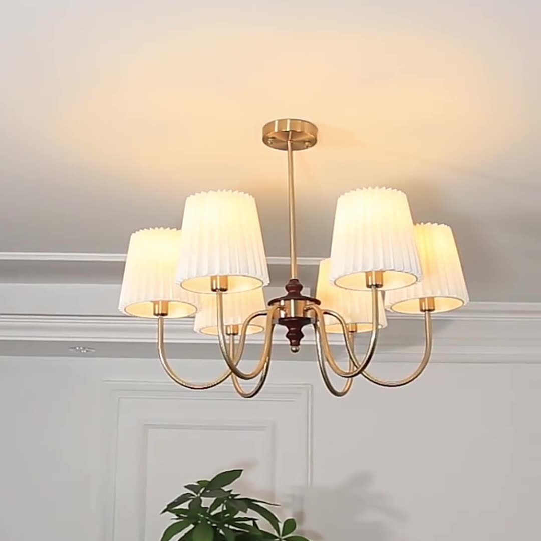 Traditional Rustic Branch Curved Rod Candle Holder Pleated Fabric Shade Iron Wood Frame 4/6/8 Light Chandelier For Living Room