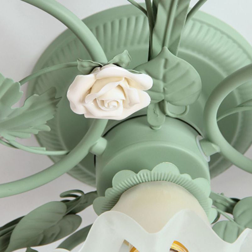 Traditional French Bellflower Leaf Iron Ceramic Glass Shade 1-Light Semi-Flush Mount Ceiling Light For Living Room