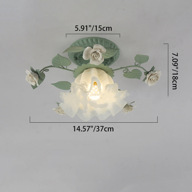 Traditional French Bellflower Leaf Iron Ceramic Glass Shade 1-Light Semi-Flush Mount Ceiling Light For Living Room