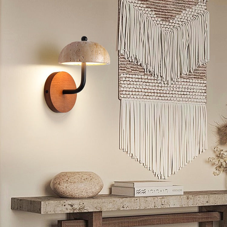 Traditional Japanese Round Half Round Mushroom Shape Yellow Travertine Wooden Frame Acrylic Shade LED Wall Sconce Lamp For Bedroom