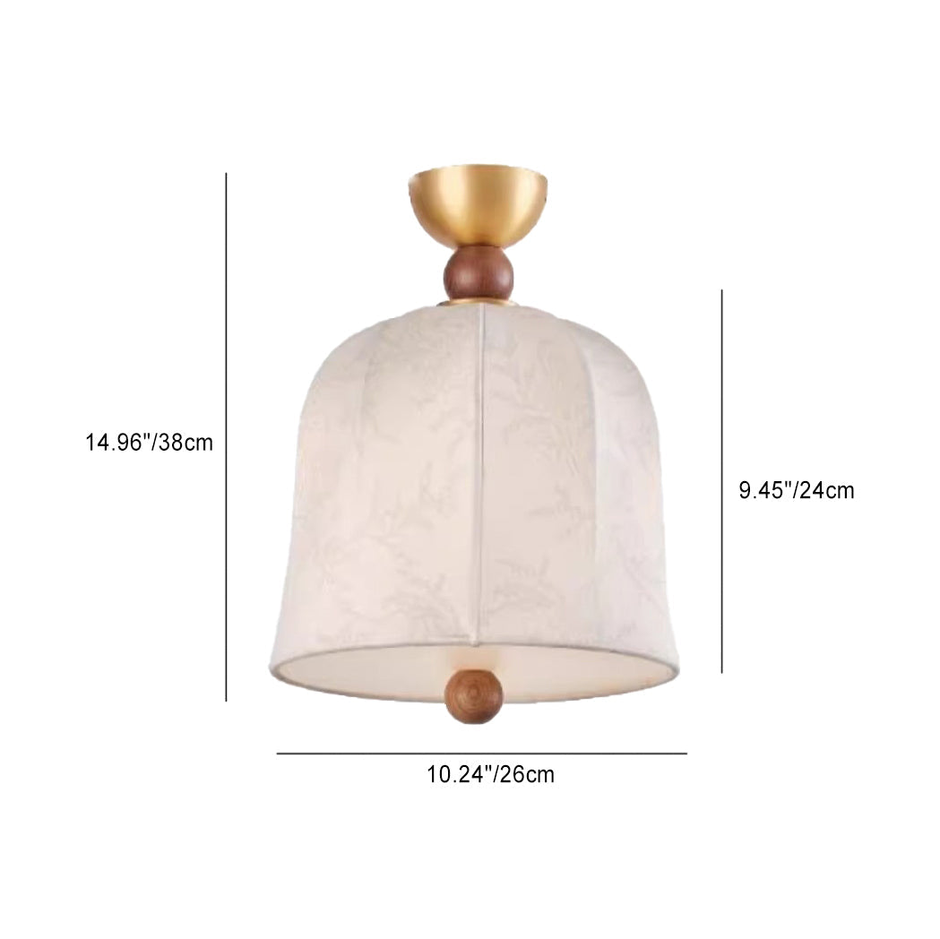 Traditional French Round Birdcage Shape Fabric Wood Metal 1-Light Semi-Flush Mount Ceiling Light For Living Room