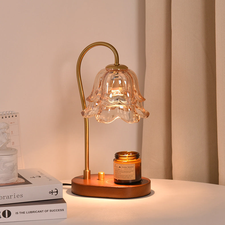 Contemporary Creative Bell Orchid Flower Solid Wood Base Hardware Frame Glass Shade 1-Light Aromatherapy Melting Wax Table Lamp For Bedroom