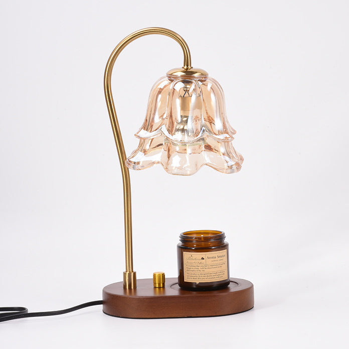 Contemporary Creative Bell Orchid Flower Solid Wood Base Hardware Frame Glass Shade 1-Light Aromatherapy Melting Wax Table Lamp For Bedroom