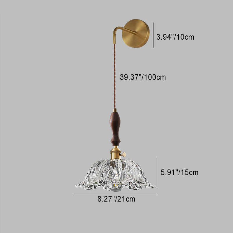 Traditional Japanese Flower Full Brass Glass Shade 1-Light Wall Sconce Lamp For Living Room