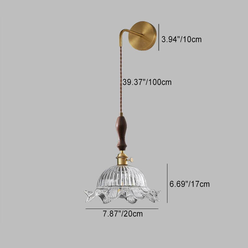Traditional Japanese Flower Full Brass Glass Shade 1-Light Wall Sconce Lamp For Living Room