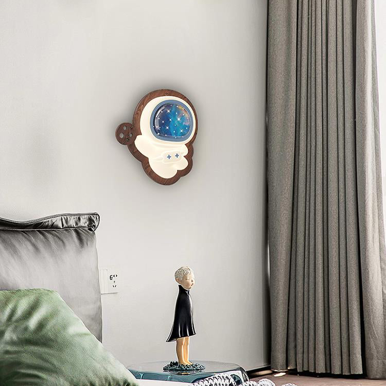 Contemporary Creative Astronaut Wood Base PE Shade LED Wall Sconce Lamp For Bedroom