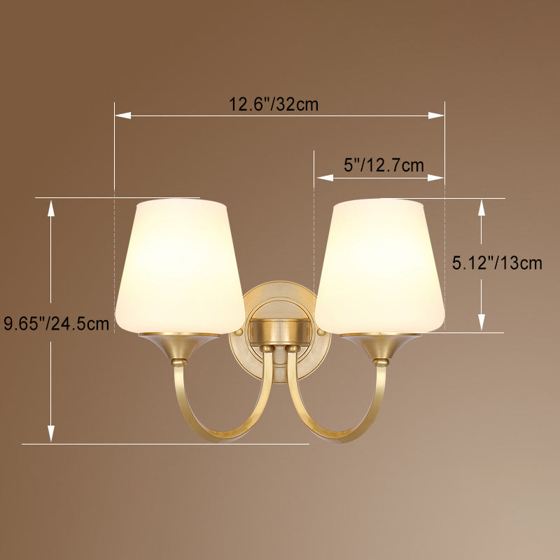 Traditional European Curved Pole Round Cup Shape Full Copper Glass Shade 1/2 Light Wall Sconce Lamp For Living Room