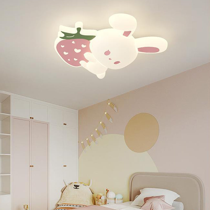 Contemporary Creative Kids Strawberry Bunny Iron PE LED Flush Mount Ceiling Light For Bedroom