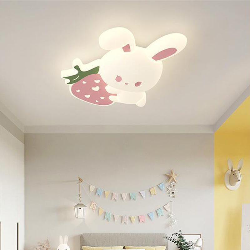 Contemporary Creative Kids Strawberry Bunny Iron PE LED Flush Mount Ceiling Light For Bedroom