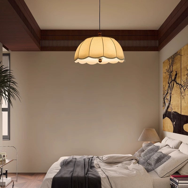Traditional French Round Petal Wooden Beads Iron Fabric Shade 1-Light Pendant Light For Living Room