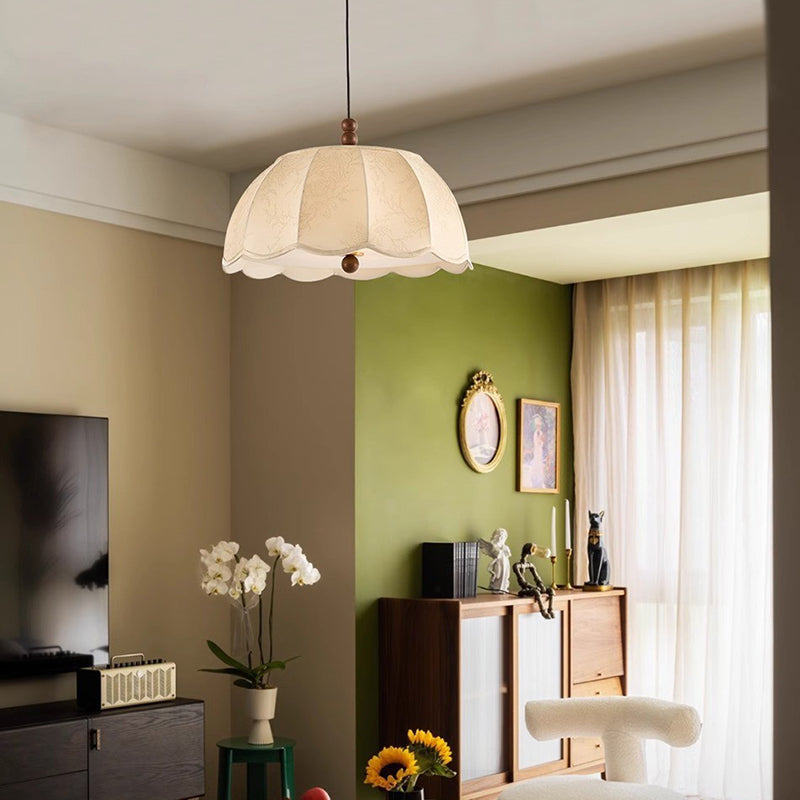 Traditional French Round Petal Wooden Beads Iron Fabric Shade 1-Light Pendant Light For Living Room
