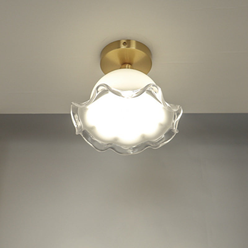 Contemporary Retro Round Cream Flower Full Copper Glass Shade 1-Light Semi-Flush Mount Ceiling Light For Living Room