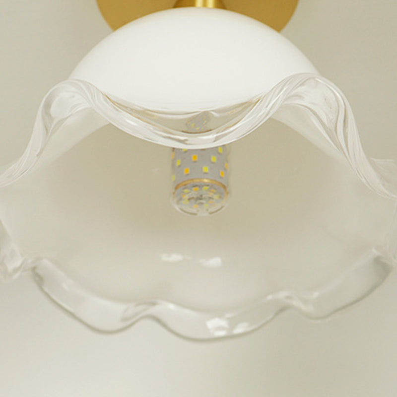 Contemporary Retro Round Cream Flower Full Copper Glass Shade 1-Light Semi-Flush Mount Ceiling Light For Living Room