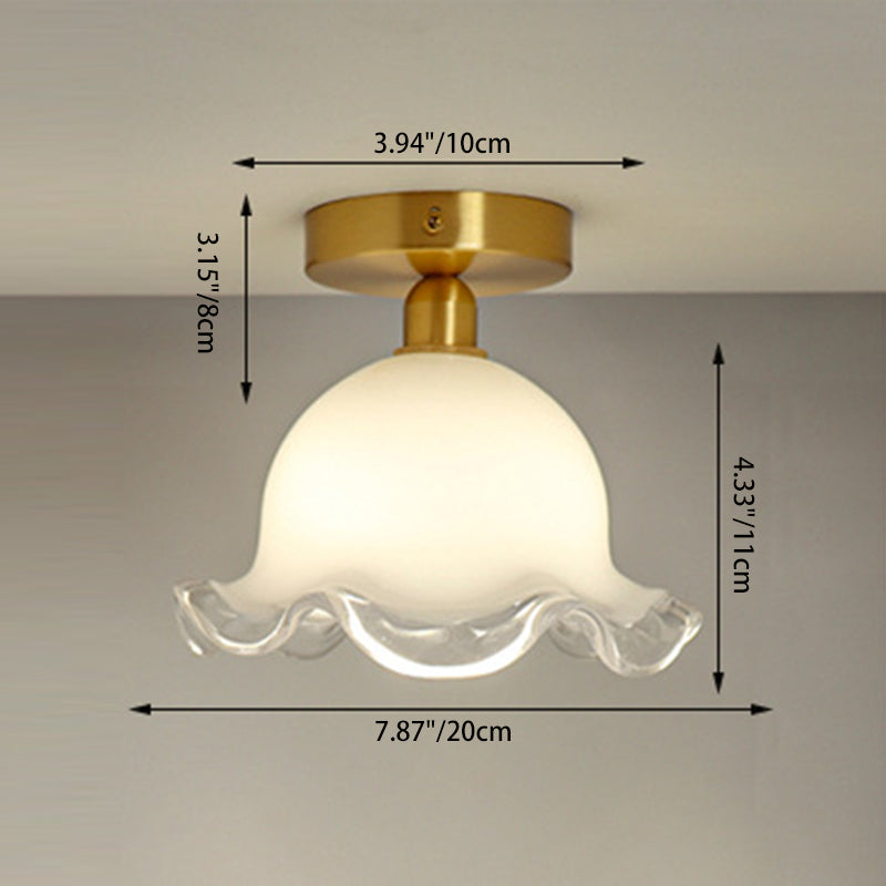 Contemporary Retro Round Cream Flower Full Copper Glass Shade 1-Light Semi-Flush Mount Ceiling Light For Living Room