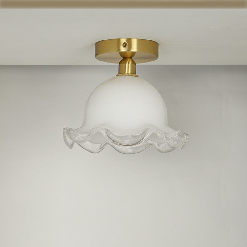 Contemporary Retro Round Cream Flower Full Copper Glass Shade 1-Light Semi-Flush Mount Ceiling Light For Living Room