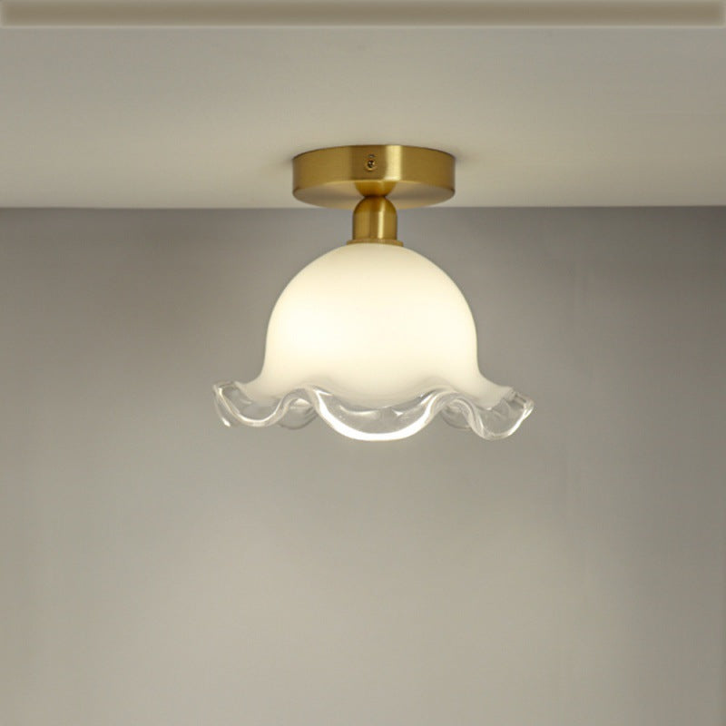 Contemporary Retro Round Cream Flower Full Copper Glass Shade 1-Light Semi-Flush Mount Ceiling Light For Living Room