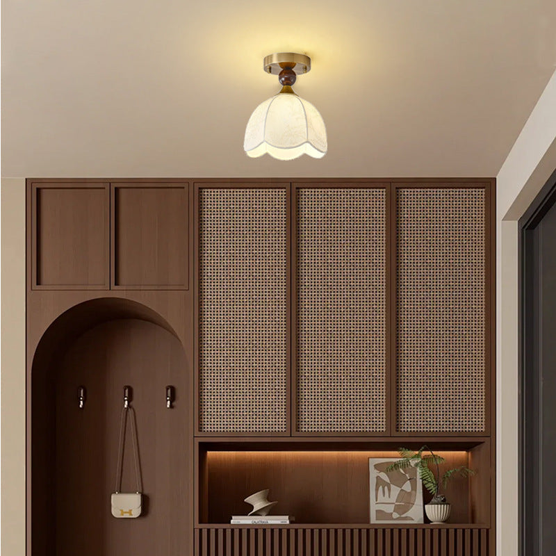 Contemporary Retro Domed Lace Printed Fabric Shade Hardware Wood 1-Light Semi-Flush Mount Ceiling Light For Living Room