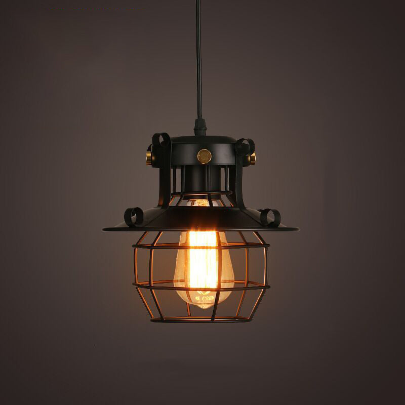 Contemporary Industrial Round Iron Cage Frame 1-Light Pendant Light For Living Room