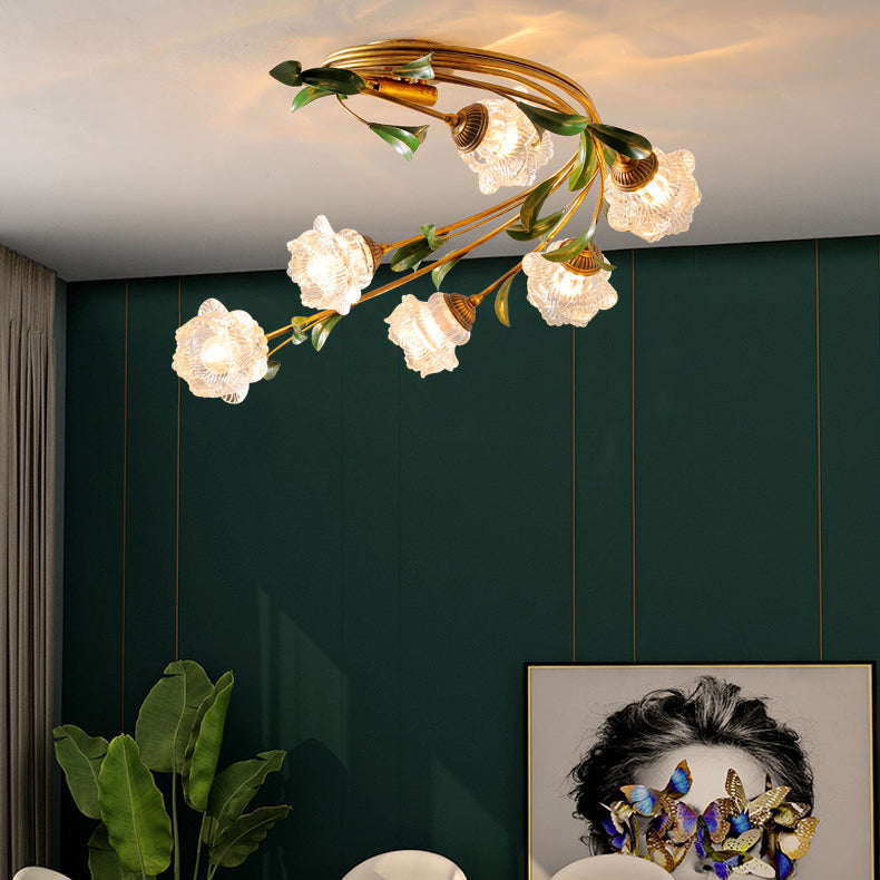 Contemporary Nordic Semi-Circular Curved Rod Floral Iron Glass Shade 6-Light Semi-Flush Mount Ceiling Light For Living Room