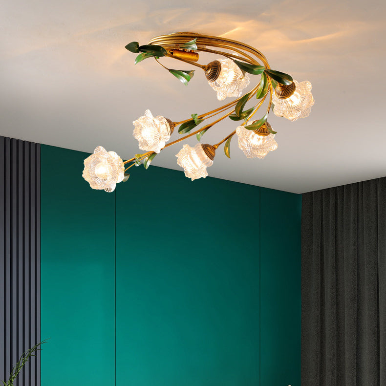 Contemporary Nordic Semi-Circular Curved Rod Floral Iron Glass Shade 6-Light Semi-Flush Mount Ceiling Light For Living Room